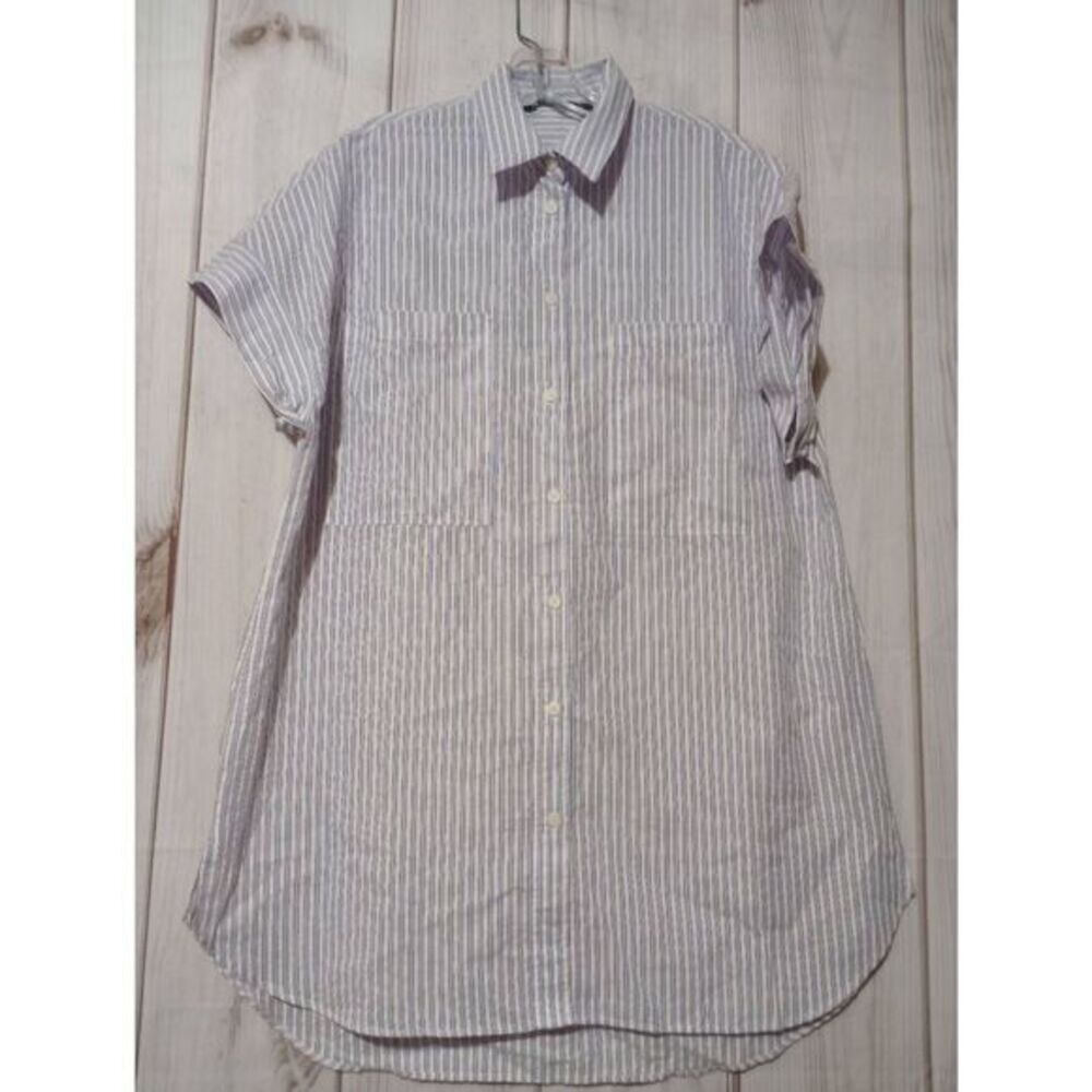 Zara Women XS Blue White Red Striped Short Sleeve Button Down Oversized Shirt